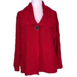 Womens Red Textured Knit Cardigan Jacket Oversized Collar Cozy Artsy Holiday 2XL